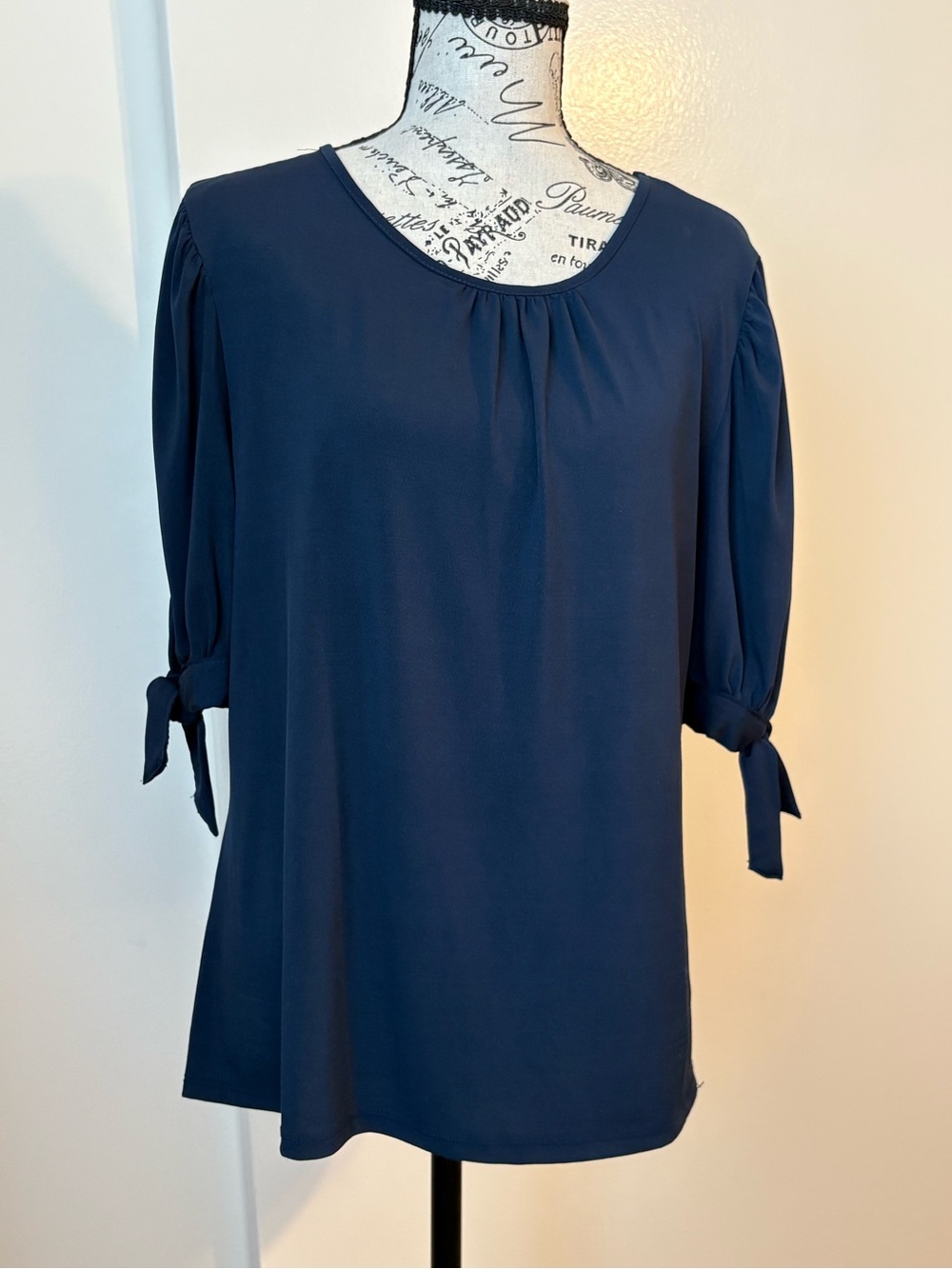 Classic Navy Tie-Sleeve Women’s Blouse by